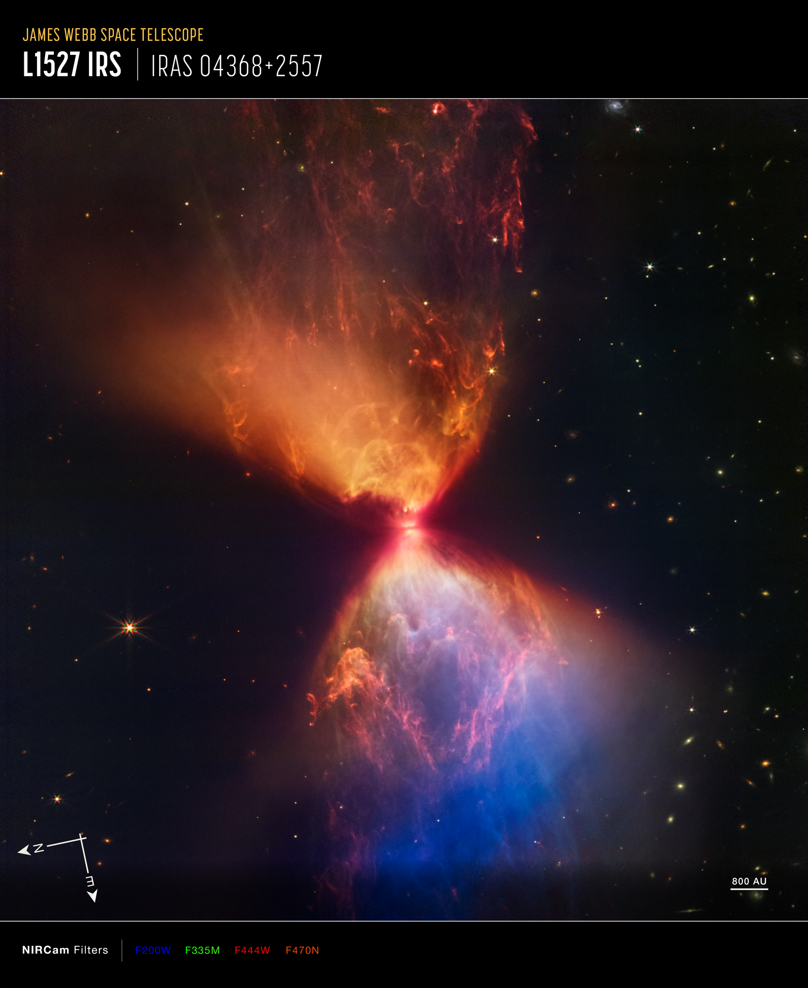 Na zdjęciu w bliskiej podczerwieni widać protogwiazdę w ciemnej mgławicy L1527. Obraz został wykonany przez kamerę NIRCam w Kosmicznym Teleskopie Jamesa Webba. Przekątna obrazu na niebie odpowiada ~2,2’ (minuty łuku). W odległości 460 l.św. od protogwiazdy odpowiada to wielkości obszaru ~0,3 l.św. Na dole po prawej stronie zaznaczono odcinek 800 AU, czyli 800 jednostek astronomicznych (800x500s = 400000s ~4,6 dnia świetlnego). Na tej mozaice zdjęć w bliskiej podczerwieni kolory zostały zmapowane następująco: niebieski – filtr F200W, zielony – F335W, czerwony – F444W, pomarańczowy – F470N. Protogwiazda jest zanurzona w ciemnej chmurze materii, którą akreuje i przez to staje się coraz cięższa. Wyrzuty materii z protogwiazdy wyczyściły przestrzeń powyżej i poniżej tego ciemnego obłoku, którego granice mają barwę pomarańczową i niebieską. Źródło: NASA, ESA, CSA, STScI, Joseph DePasquale (STScI), Alyssa Pagan (STScI), Anton M. Koekemoer (STScI)