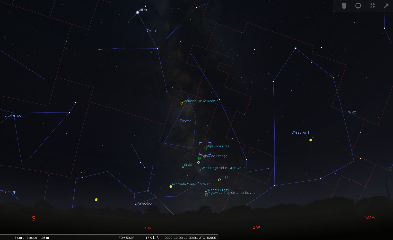 Mapka okolicy Mgławicy Orzeł (M16 ), której fragmentem są Filary Stworzenia. M16 znajduje się w gwiazdozbiorze Węża (łac. Serpens) w jego wschodniej części zwanej Ogonem Węża (łac. Serpens Cauda). Na październikowym, wieczornym niebie w Polsce mgławica wznosi się zaledwie kilkanaście stopni nad  południowo-zachodnim horyzontem. Źródło: Stellarium