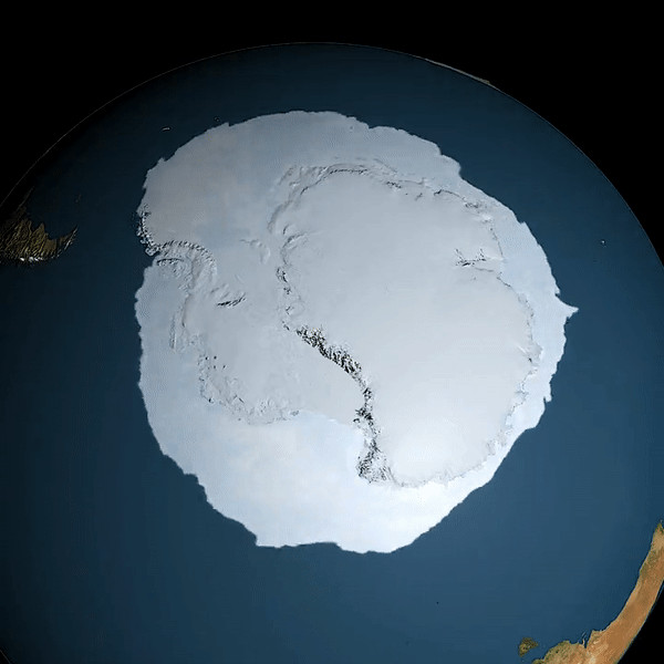 Wzrost i spadek ilości lodu morskiego otaczającego Antarktydę w ciągu roku. (NASA)
