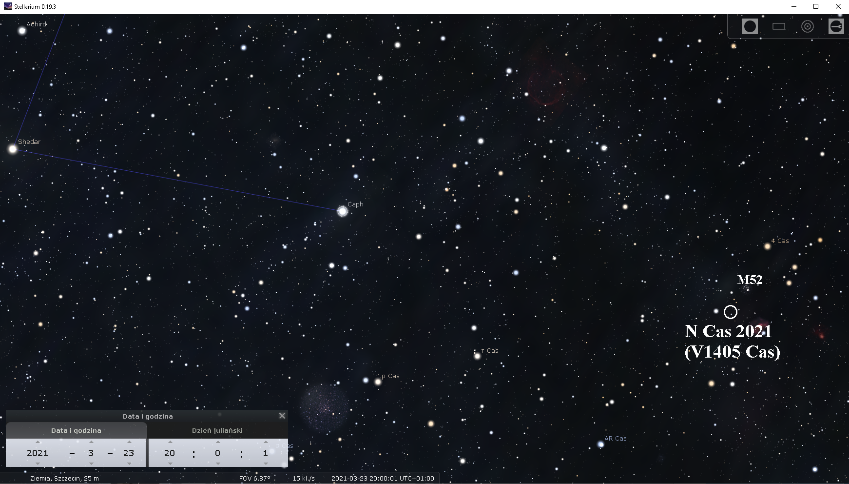 Obecnie (marcowy wieczór) Nową V1405 Cas można znaleźć np. przedłużając w prawo odcinek łączący dwie najjaśniejsze gwiazdy Kasjopei: Sheddar (α Cassiopeiae) i Caph (β Cassiopeiae). Nowa znajduje się około pół stopnia na południe od otwartej gromady gwiazdowej M52 i około pół stopnia na zachód od mgławicy Bąbel (NGC 7635). Źródło: Stellarium