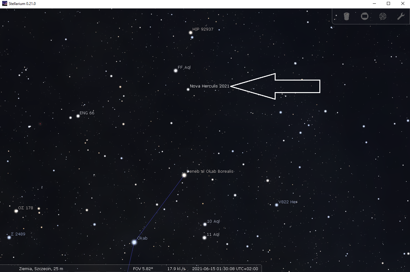Odkryta 12 czerwca 2021 roku gwiazda nowa Nova Herculis 2021 (tymczasowe oznaczenie TCP J18573095+1653396) znajduje się blisko granicy gwiazdozbioru Orła – w pobliżu gwiazd widocznych gołym okiem, które zaznaczają końcówkę górnego skrzydła Orła (Okab/ζ Aqu + Deneb al Okab Borealis / η Aqu). Źródło: Stellarium