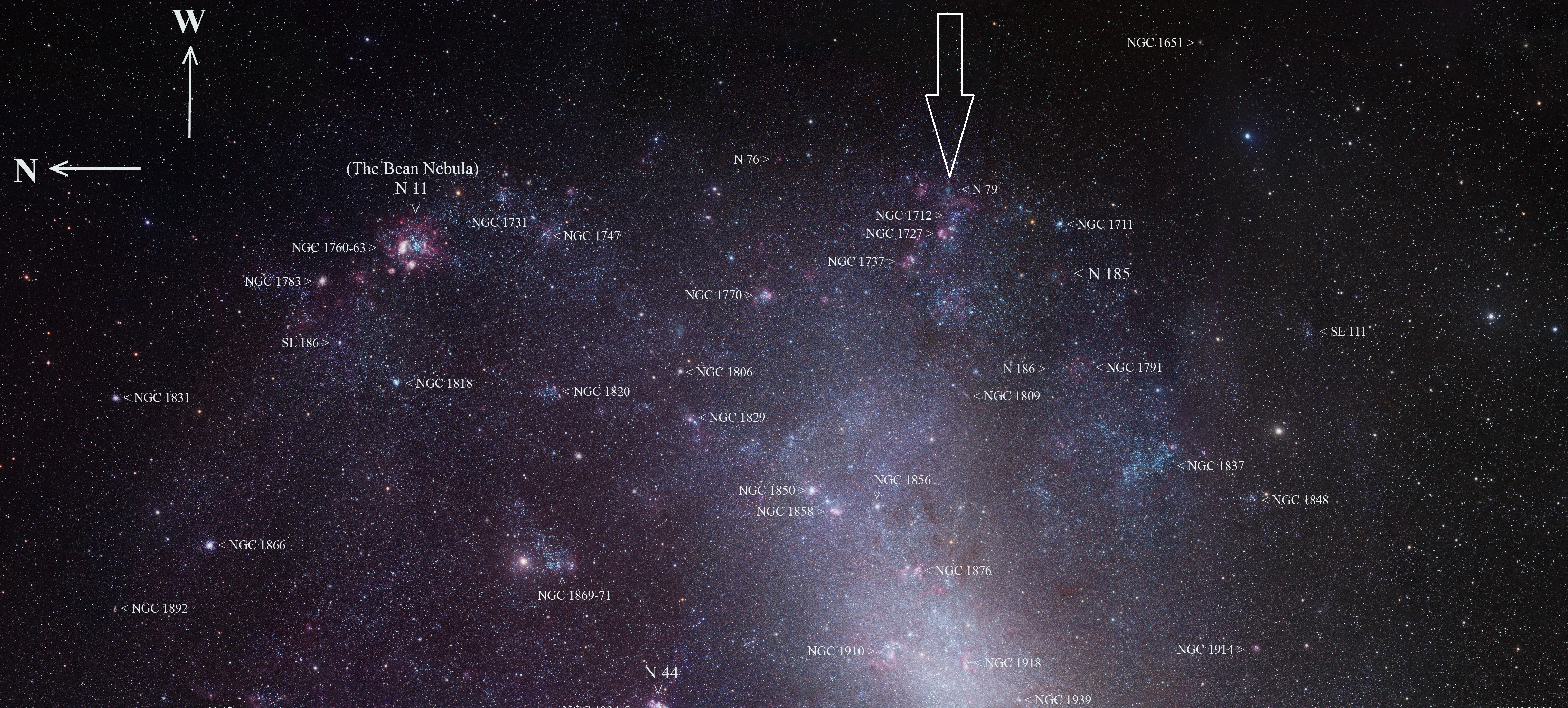Na ilustracji: Połowa Wielkiego Obłoku Magellana na zdjęciu z 2,2-metrowego teleskopu MPG/ESO o polu widzenia ~10° x 5°. Strzałką wskazano obszar gwiazdotwórczy N79. Oprac. na podstawie ilustracji Roberta Gendlera/ESO