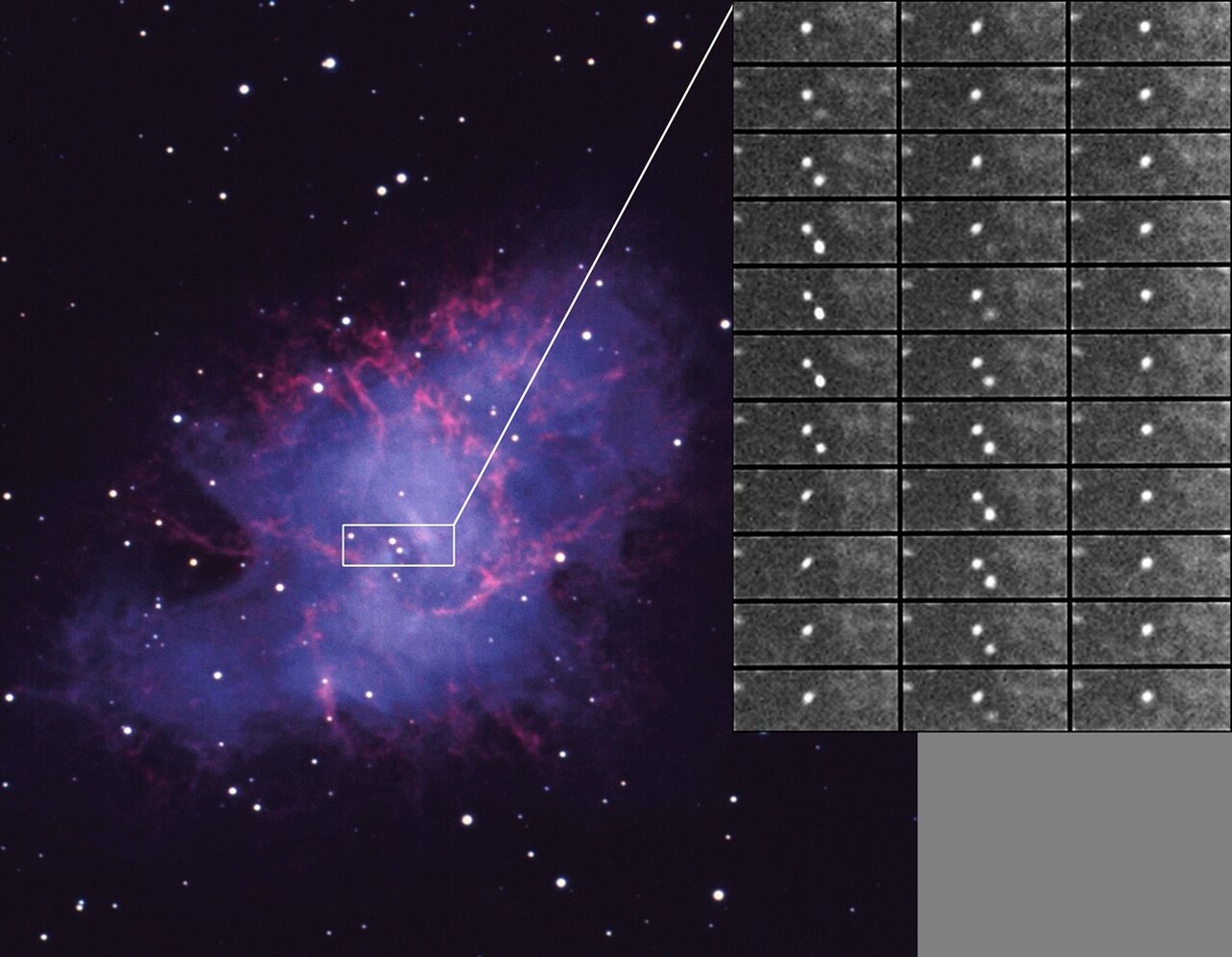 Rotacja (i zmienność jasności) pulsara Krab w dużym zbliżeniu. Źródło: N.A.Sharp/NOIRLab/NSF/AURA.