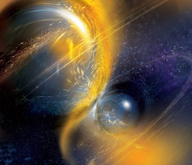 Artystyczna wizja zlania się dwóch gwiazd neutronowych. Widoczne silne zakrzywienia czasoprzestrzeni prowadzące ostatecznie do powstania czarnej dziury i zmarszczek czasoprzestrzeni – fal grawitacyjnych, mogących się propagować na ogromne odległości. Źródło: National Science Foundation/LIGO/Sonoma State University/A. Simonnet, Astronomy.com.