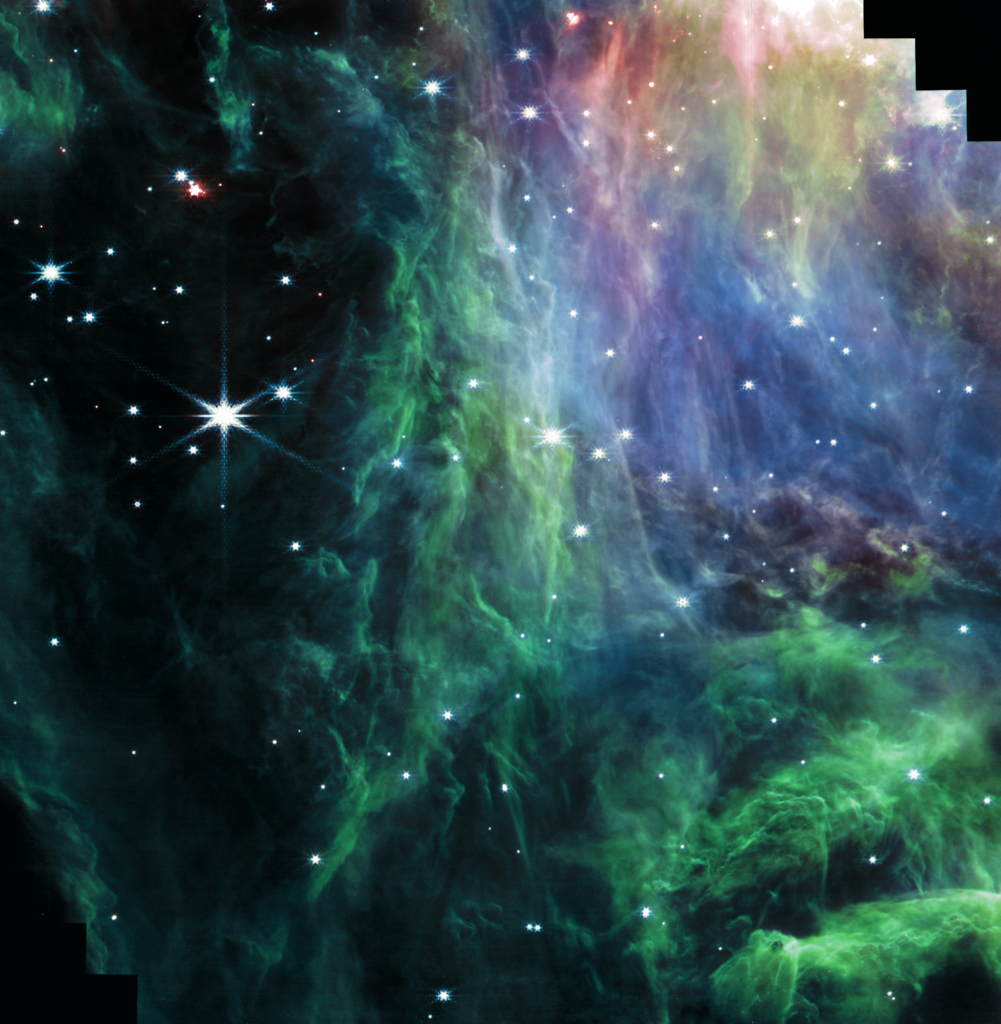 Obraz centralnej północnej części Mgławicy Oriona uzyskany za pomocą Kosmicznego Teleskopu Jamesa Webba (instrument NIRCam). Czy tutaj widać żabę?  Źródło: NASA / ESA / CSA / PDRs4All ERS Team; image processing: Olivier Berné