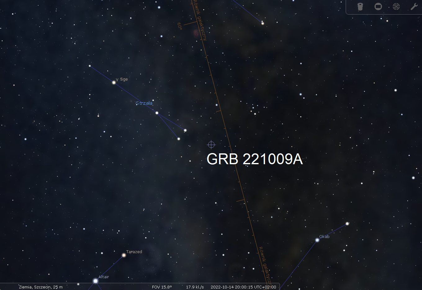 Rozbłysku gamma GRB221009A nastąpił niedaleko płaszczyzny Drogi Mlecznej w gwiazdozbiorze Strzały, ale jego pochodzenie jest spoza naszej Galaktyki (odległość ~2,4 miliarda l.św.). Źródło: Stellarium