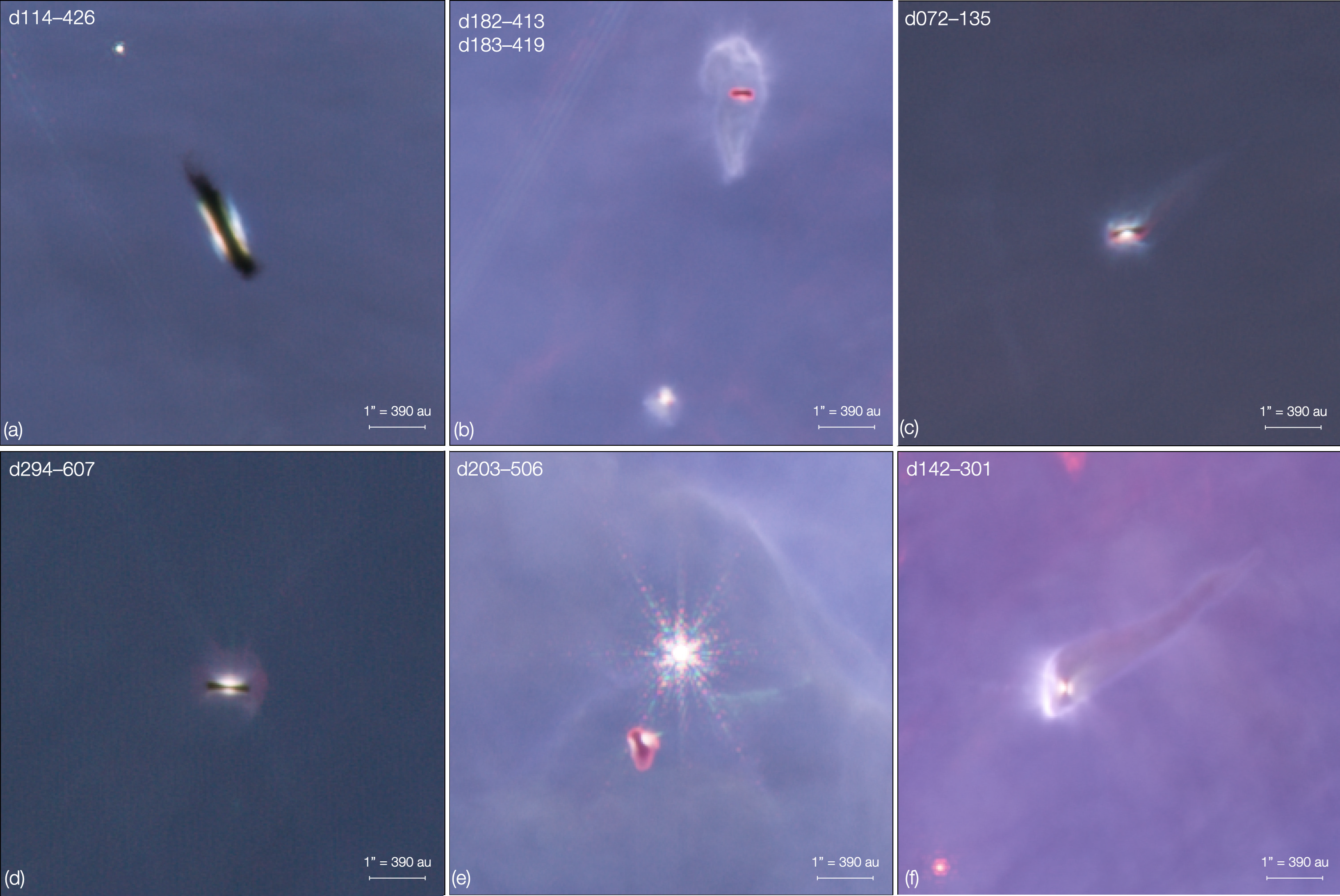 Na ilustracji (2): Na powiększonych fragmentach obrazów Mgławicy Oriona zrobionych przez Teleskop Webba w podczerwieni widać kilka dobrze znanych dysków protoplanetarnych, z których w przyszłości mogą powstać planety. Te ciemne dyski są widoczne, ponieważ znajdują się na tle jasnych obłoków gorącego gazu w Mgławicy Oriona. Źródło (CC BY-NC-ND 4.0 DEED): NASA, ESA, CSA / M. McCaughrean, S. Pearson - https://doi.org/10.48550/arXiv.2310.03552