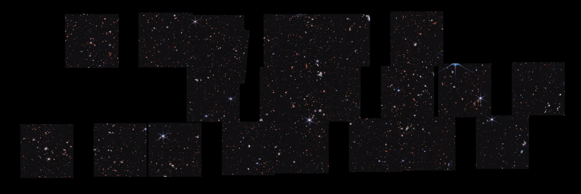 Na ilustracji: Kolaż wielu zdjęć (u góry) sfotografowanych w podczerwieni przez Kosmiczny Teleskop Jamesa Webba dla przeglądu CEERS (the Cosmic Evolution Early Release Science) obejmującego fragment nieba 100 minut  kwadratowych (zdjęcia + spektroskopia) w gwiazdozbiorze Wolarza o przekątnej 23’. W dolnym panelu pokazano tylko powiększony fragment zdjęcia z tej zbiorczej ekspozycji. Zastosowano następujące mapowania kolorów: niebieski → 1,15 + 1,50 μm, zielony → 2,00 + 2,77 μm , czerwony → 3,56 + 4,44 μm. Na trzech ilustracjach z widmami galaktyk z niniejszego artykułu jest zaznaczona pozycja danej galaktyki na tym zbiorczym zdjęciu. Źródło: NASA, ESA, CSA, Steve Finkelstein (UT Austin), Micaela Bagley (UT Austin), Rebecca Larson (UT Austin)