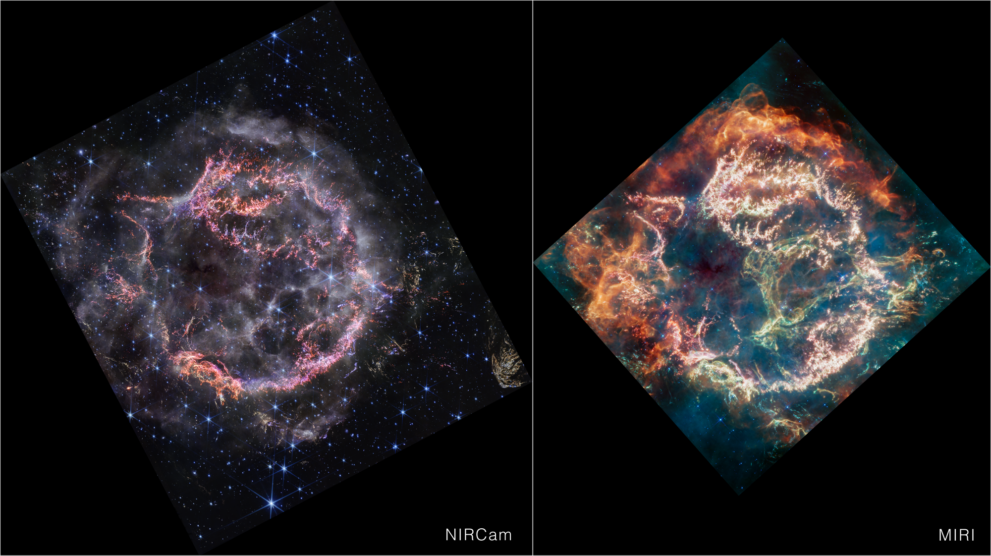 Na ilustracji: Zestawienie zdjęć pozostałości po wybuchu supernowej Kasjopeja A (Cas A) w ujęciu Teleskopu Webba (po lewej - ujęcie w bliskiej podczerwieni z kamery NIRCam, po prawej -ujęcie w średniej podczerwieni z instrumentu MIRI). Zdjęcie Cas A z kamery NIRCam cechuje się większą rozdzielczością (jest bardziej ostre) niż z MIRI co wynika z obserwacji w krótszym zakresie długości fali. Zewnętrzne obszary wewnętrznej części głównej otoczki Cas A widoczne w barwie pomarańczowej i czerwonej na zdjęciu MIRI odpowiadają smugom dymu na zdjęciu NIRCam. To przejście wskazuje na miejsca, gdzie fala uderzeniowa supernowej zderza się z otaczającą materią międzygwiazdową. Pył w tej materii jest zbyt chłodny, aby zaobserwować go w bliskiej podczerwieni (= NIRCam), ale staje się jasny w średniej podczerwieni (=MIRI). W bliskiej podczerwieni nie widać zielonej pętli w centralnej pustce Cas A nazwanej przez astrofizyków „Zielonym Potworem”, która z kolei jest widoczna w średniej podczerwieni. Źródło: NASA, ESA, CSA, STScI, D. Milisavljevic (Purdue University), T. Temim (Princeton University), I. De Looze (University of Gent)