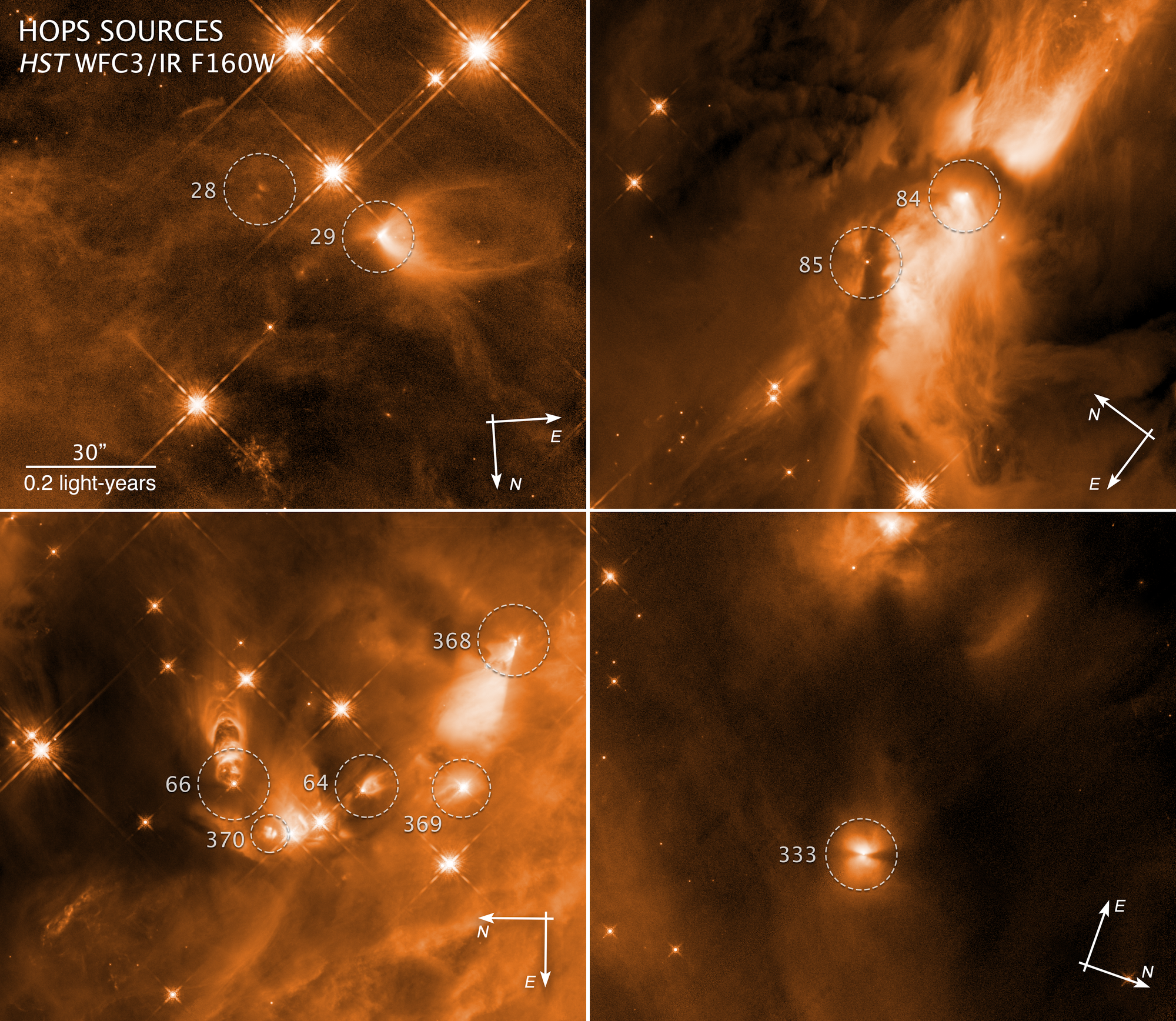 Wypływy materii z rodzących się gwiazd w gwiazdozbiorze Oriona. Cztery zdjęcia uzyskane teleskopem Hubble'a ujawniają narodziny gwiazd z kompleksie mgławic w Orionie - obszarze formowania się gwiazd, który znajduje się najbliższej Ziemi. Protogwiazdy zostały sfotografowane w bliskiej podczerwieni przez kamerę WFC3 w dn. 14 listopada 2009 r. oraz w 2010 r. 25 stycznia, 11 lutego i 11 sierpnia. Źródło: NASA, ESA, STScI, Nolan Habel (UToledo), Tom Megeath (UToledo)