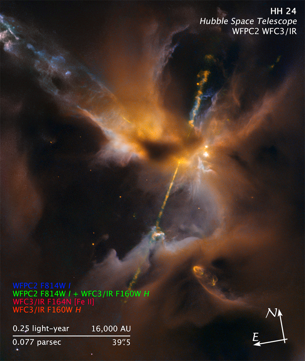 Obraz obiektu Herbiga-Haro 24 (HH 24) wykonany przez Kosmiczny Teleskop Hubble’a za pomocą instrumentów WFPC2 i WFC3/IR w pięciu barwach. HH 24 znajduje się w odległości ~1350 l.św. w obłoku molekularnym Orion B. Częściowo przesłonięta przez zimny gaz i pył młoda gwiazda w centrum obrazu wyrzuca parę dżetów w obłok gazowo-pyłowy, generując fale uderzeniowe, które rozświetlają fragmenty mgławicy. Ten rozświetlony przez fale uderzeniowe obszar zbiorczo został nazwany obiektem Herbiga-Haro 24. Źródło: NASA/ESA/STScI