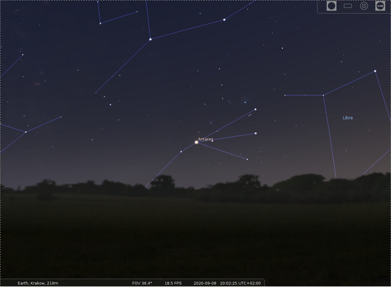 Położenie gwiazdy Antares w konstelacji Skorpiona, 8 IX 2020 r
