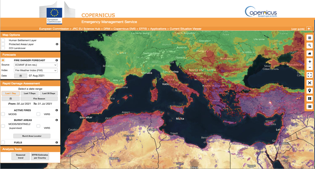 Prognozy zagrożenia pożarowego GEFF zainicjowane 31 lipca 2021 r., pokazujące „bardzo ekstremalne” (fioletowe cieniowanie) wokół Morza Śródziemnego stan na 7 sierpnia.