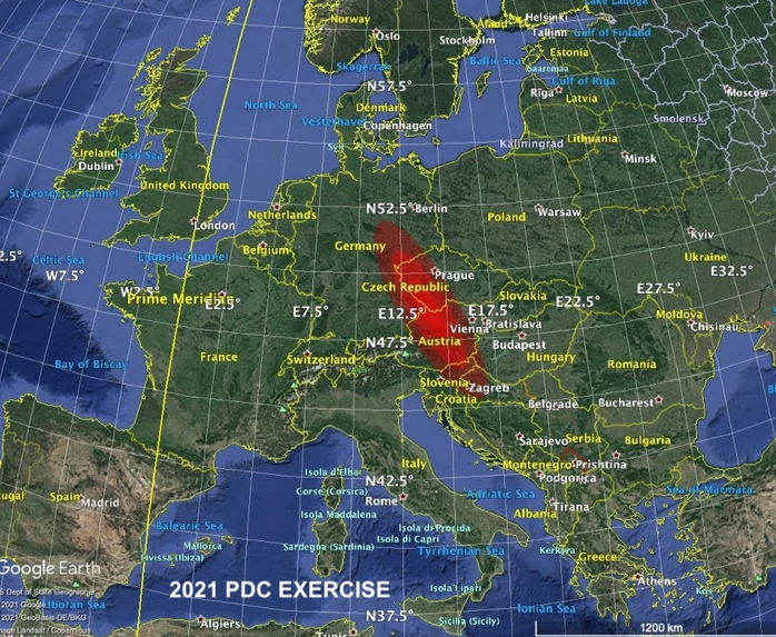 Na ilustracji: Symulacja – mapa obszaru zagrożonego kolizją. Źródło: NASA/Focus