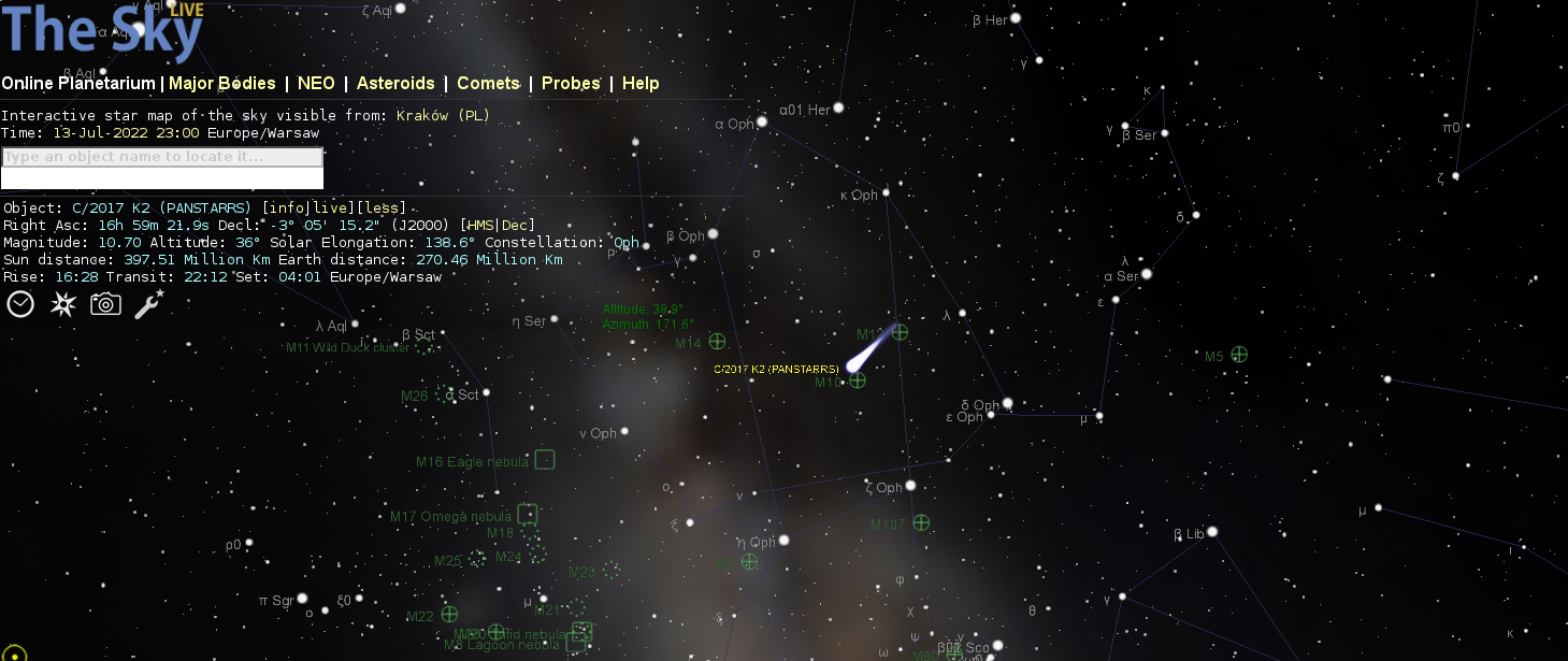 Mapka widoczności komety wykonana programem webowym /theskylive.com.