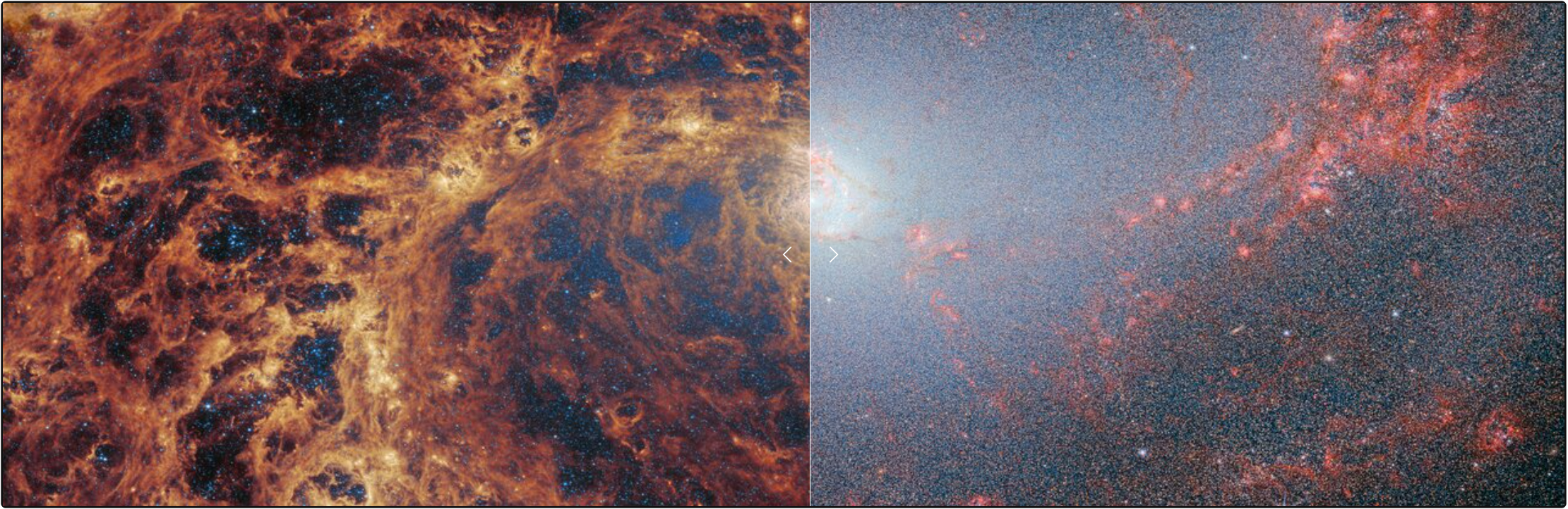 Na ilustracji: Połączone zdjęcia galaktyki M83 (Galaktyka Południowy Wiatraczek) w średniej / bliskiej podczerwieni (po lewej/prawej) wykonane przez Teleskop Kosmiczny Jamesa Webba przy wykorzystaniu kamer MIRI i NIRCam w ramach projektu obserwacyjnego FEAST. Na stronie internetowej ESA można interaktywnie oglądać oba zdjęcia przesuwając suwak średnia ↔ bliska podczerwień. Źródło: ESA/Webb, NASA & CSA, A. Adamo (Stockholm University) and the FEAST JWST team