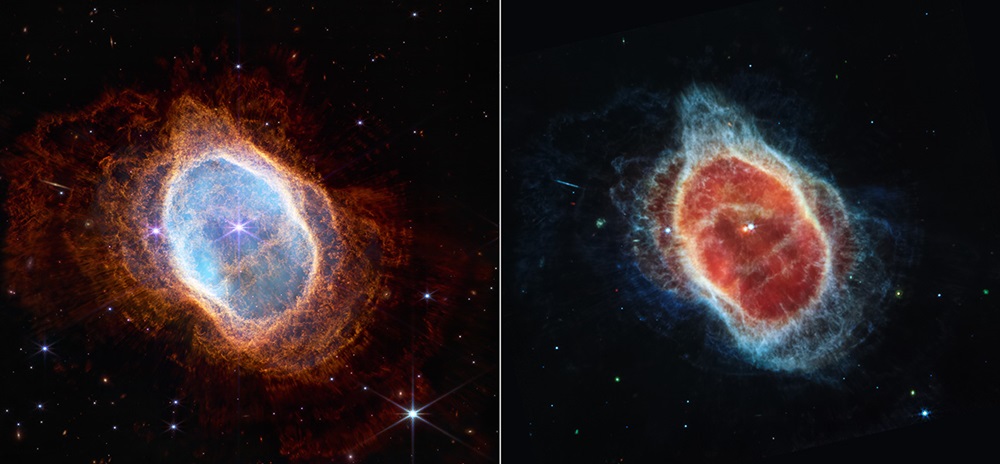 Kosmiczny Teleskop Jamesa Webba ujawnił niezwykłe szczegóły Mgławicy Pierścień Południowy, położonej około 2500 lat świetlnych od nas w granicach gwiazdozbioru Żagla. Po lewej stronie widzimy zdjęcie w bliskiej podczerwieni, przedstawiające spektakularne, koncentryczne powłoki gazu, które stanowią zapis historii końca życia gwiazdy. Po prawej: obraz w średniej podczerwieni z łatwością umożliwia nam odróżnienie umierającej gwiazdy w centrum mgławicy (kolor czerwony) od jej towarzyszki (niebieski). Cały gaz i pył w mgławicy został odrzucony przez czerwoną gwiazdę. Źródło: NASA, ESA, CSA, AND STSCI