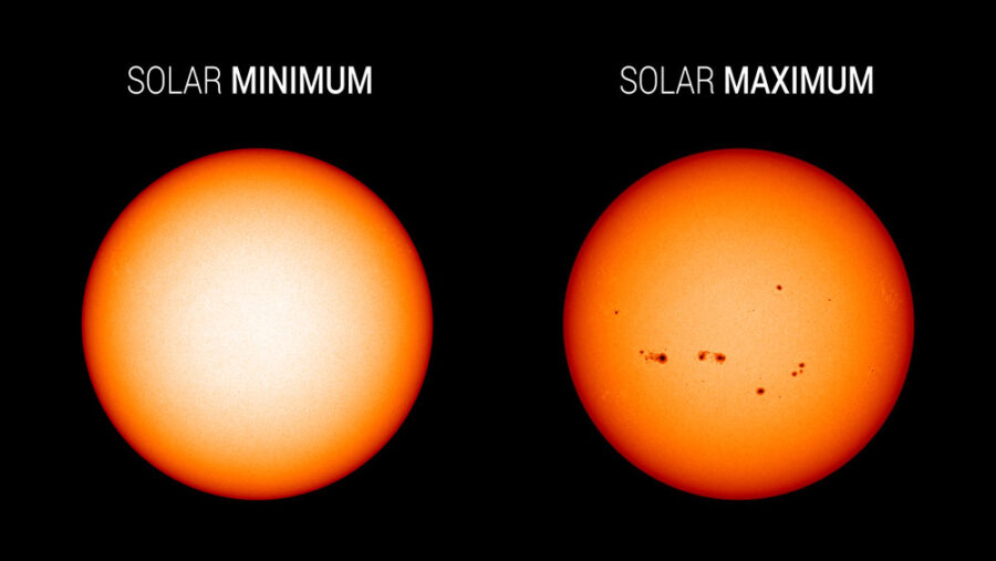 Obrazy w świetle widzialnym z Obserwatorium Dynamiki Słońca NASA ukazują różnicę w liczbie plam słonecznych w minimum (po lewej) i maksimum (po prawej) słonecznym.
