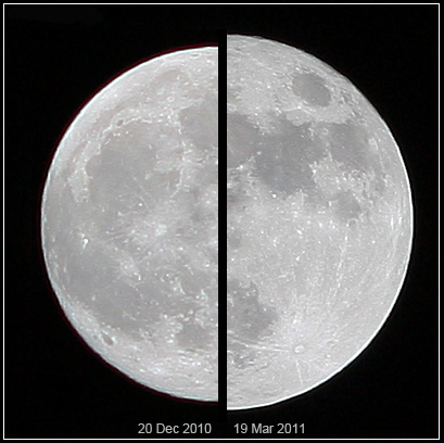Superksiężyc 19 marca 2011 r. (z prawej) w porównaniu ze „zwykłym” widocznym 20 grudnia 2010 r. Źródło: Wikipedia/Marcoaliaslama