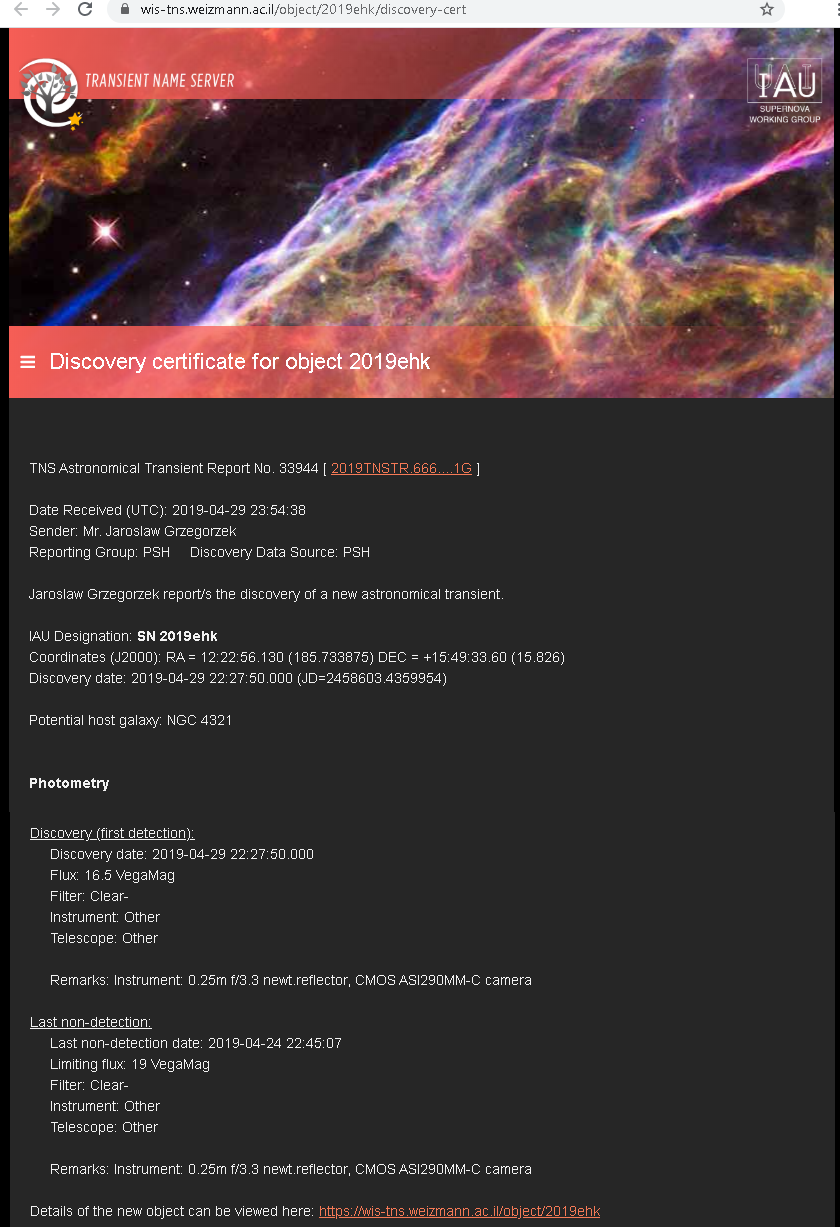Certyfikat TNS odkrycia supernowej wapniowej SN2019ehk przez Jarosława Grzegorzka.