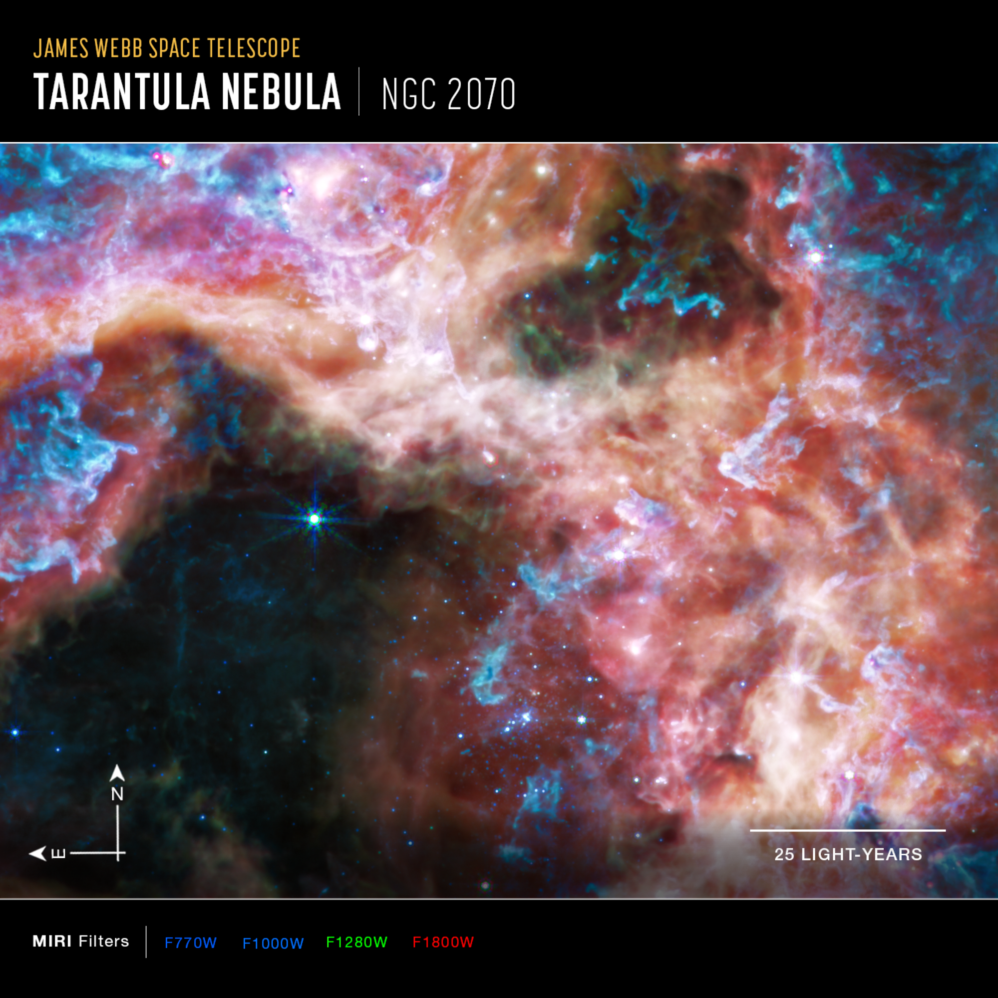 Mozaika zdjęć Mgławicy Tarantula w średniej podczerwieni uzyskany za pomocą kamery MIRI i Kosmicznego Teleskopy Jamesa Webba. Tutaj kolory zostały zmapowane następująco: niebieski – filtr F770W i F1000W, zielony – F1280W, czerwony – F1800W, w dolnym prawym rogu pokazano odcinek odpowiadający 25 l.św. W większych długościach fali (tutaj: średnia podczerwień względem bliskiej podczerwieni) światło zarejestrowane przez instrument MIRI skupia uwagę na obszarze otaczającym centralną gromadę gwiazdową i odkrywa zupełnie nową „twarz” Mgławicy Tarantula. W tym zakresie słabnie jasność młodych i gorących gwiazd z gromady i na pierwszym planie ujawnia się gaz oraz pył. Duże ilości węglowodorów świecą na powierzchniach obłoków pyłowych w mapowanych barwach niebieskiej i fioletowej. Źródło: NASA, ESA, CSA, STScI, Webb ERO Production Team