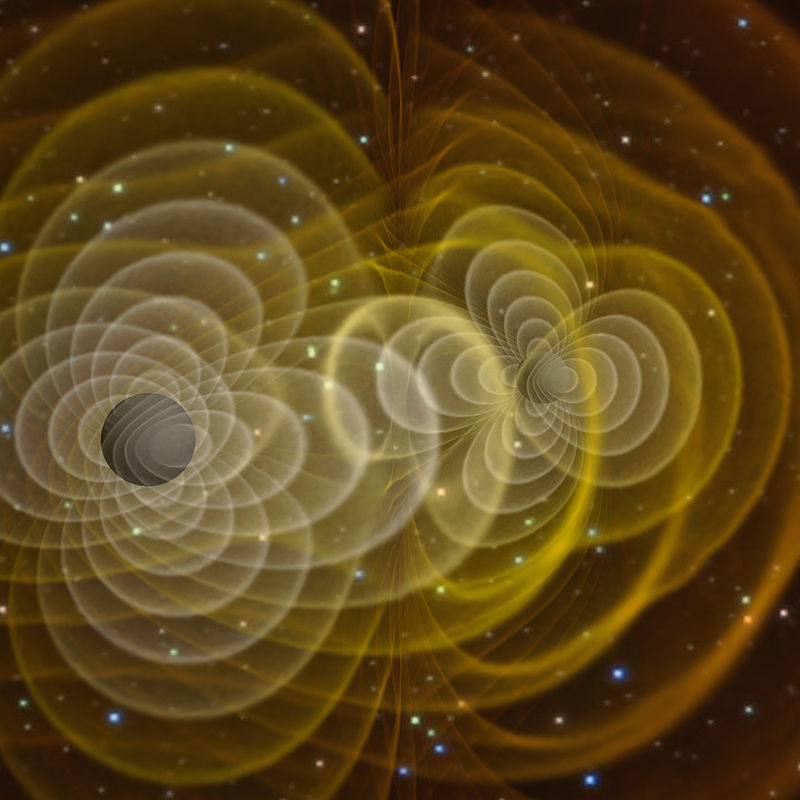 Symulacja łączenia się czarnych dziur – zjawiska, które wytwarza jedne z najsilniejszych fal grawitacyjnych. Źródło: Henze, NASA