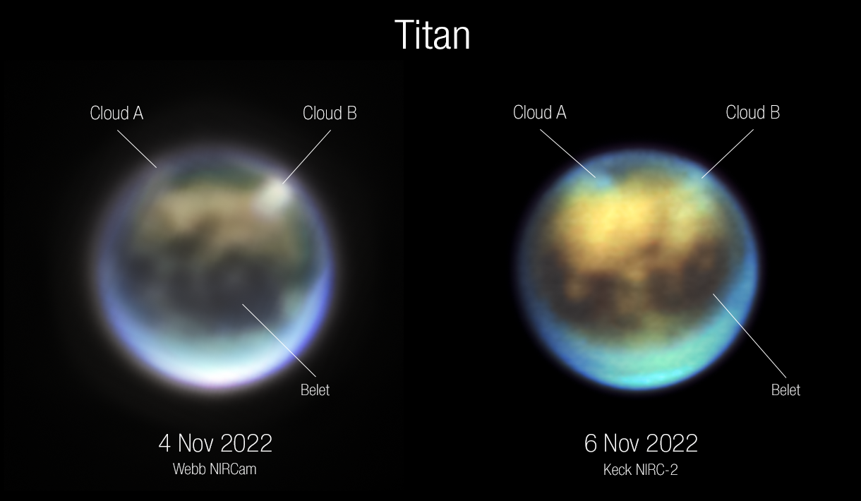 Zmiany zachmurzenia na Tytanie w ciągu 30 godzin pomiędzy 4 i 6 listopada 2022 roku zaobserwowane przez Teleskop Webba z kamerą NIRCam (po lewej, λ~1,4–1,99μm + jasność  λ~2,09) oraz hawajski teleskop Kecka z kamerą NIRC-2 (po prawej, λ~2,06–2,13μm). Na zdjęciach atmosfera Tytana obraca się od lewej strony do prawej – tak jak ją widzimy z odległej Ziemi i Słońca. Wydaje się, że chmura A rotuje, zaś chmura B – rozpada się lub chowa za widoczną tarczę Tytana. Chmury nie są wieczne zarówno na Tytanie jak i na Ziemi, więc może te z 4 i 6 listopada 2022 r. nie są tymi samymi (?). Źródło: NASA / ESA / CSA / A. Pagan, STScI / Webb Titan GTO Team