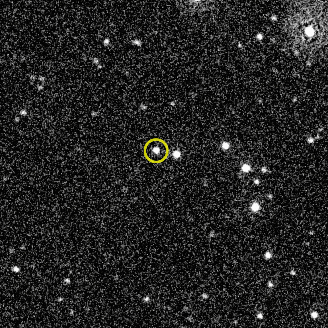 Animowana 10-godzinna sekwencja zdjęć o polu widzenia ~4’ (minuty) poświaty w zakresie ultrafioletowym i optycznym dla ekstremalnego rozbłysku gamma GRB221009A (kółko) uzyskanych przez obserwatorium satelitarne Swift. Źródło: NASA/Swift/B. Cenko
