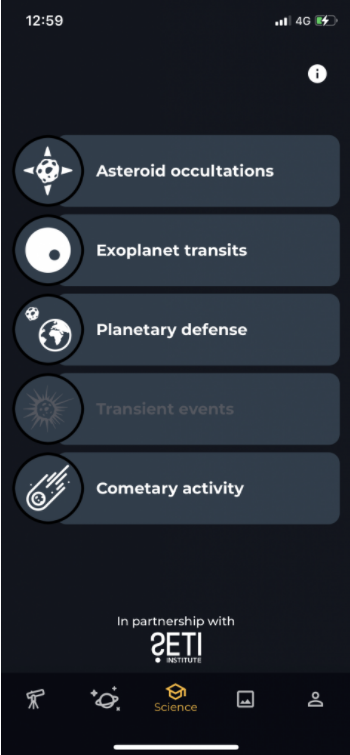 Fragment menu aplikacji „Unistellar App” sterującej teleskopami cyfrowymi eVscope2 i eQuinox, gdzie można uruchomić obserwacje naukowe tranzytów egzoplanet, zakryć gwiazd przez asteroidy, wyznaczanie kształtu i orbit niebezpiecznych dla Ziemi asteriod. Unistellar App można zainstalować na smartfonie lub tablecie. Źródło: Unistellar