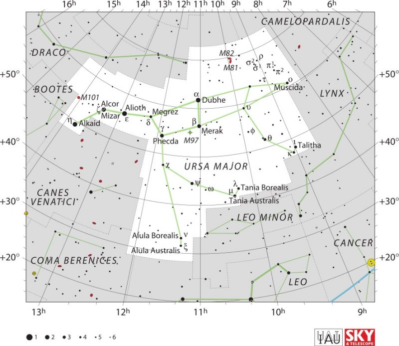 Lokalizacja galaktyki M101 w Wielkiej Niedźwiedzicy. Źródło: Wikimedia Commons/ IAU/ Sky and Telescope