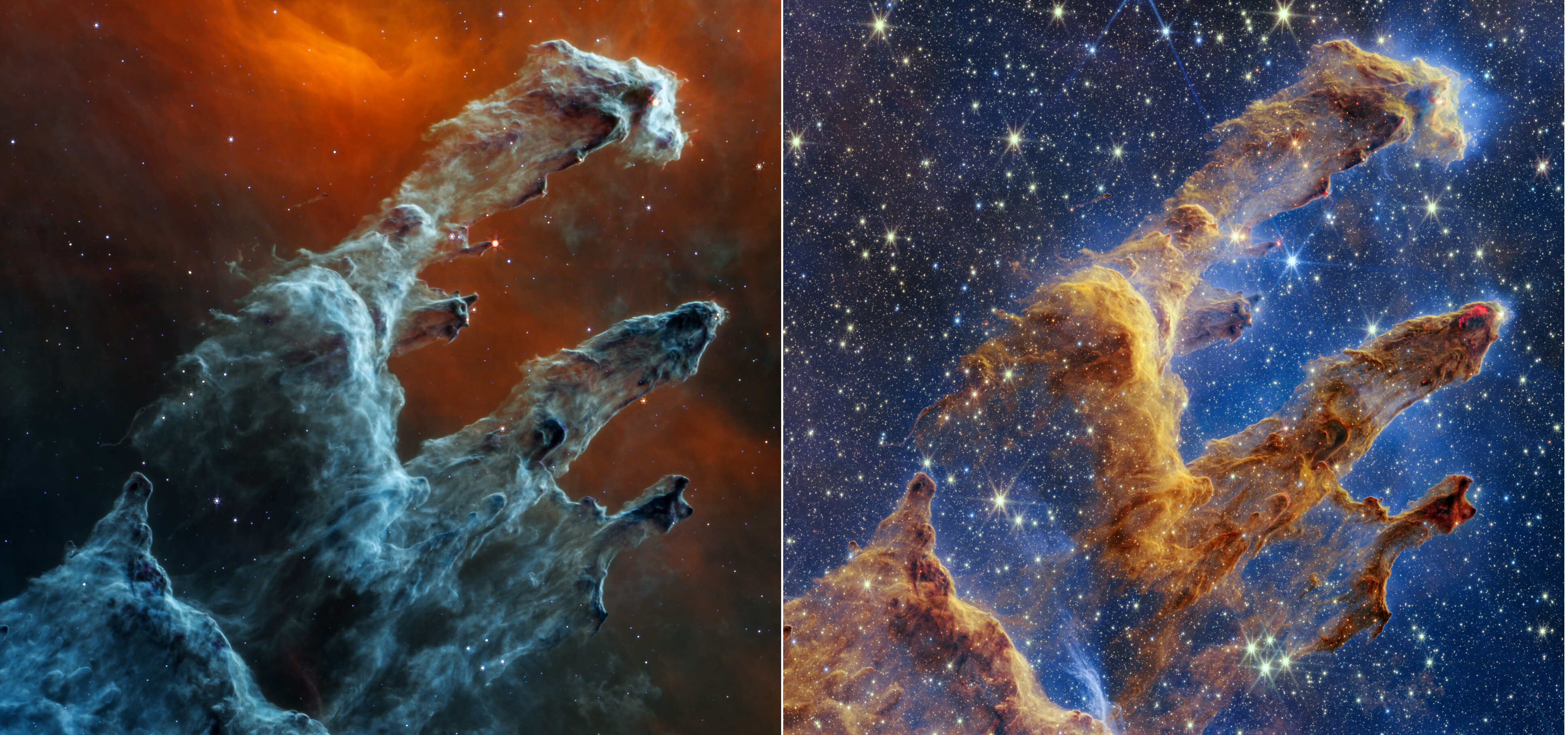 Połączone obrazy mgławicy Filary Stworzenia w średniej / bliskiej podczerwieni (po lewej/prawej) wykonane przez Teleskop Kosmiczny Jamesa Webba. Na stronie internetowej ESA można interaktywnie oglądać obrazy w obu zakresach, przesuwając suwak: średnia ↔ bliska podczerwień. Na jednym obrazie można oglądać oba zdjęcia. Źródło: NASA, ESA, CSA, STScI; J. DePasquale (STScI), A. Pagan (STScI), A. Koekemoer (STScI)
