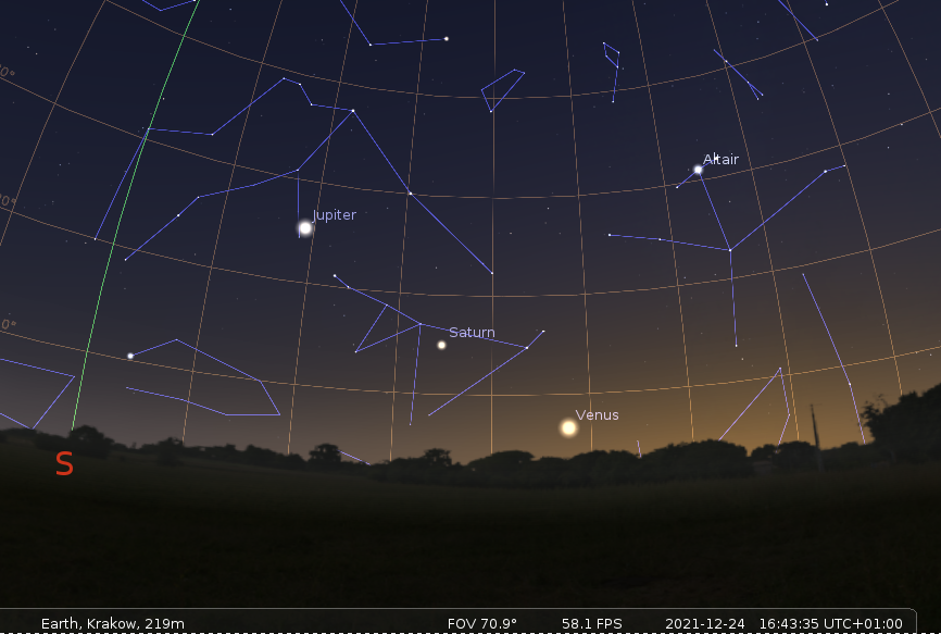 Na ilustracji: Niebo nad Małopolską 24 grudnia 2021 roku. Źródło: Stellarium. 