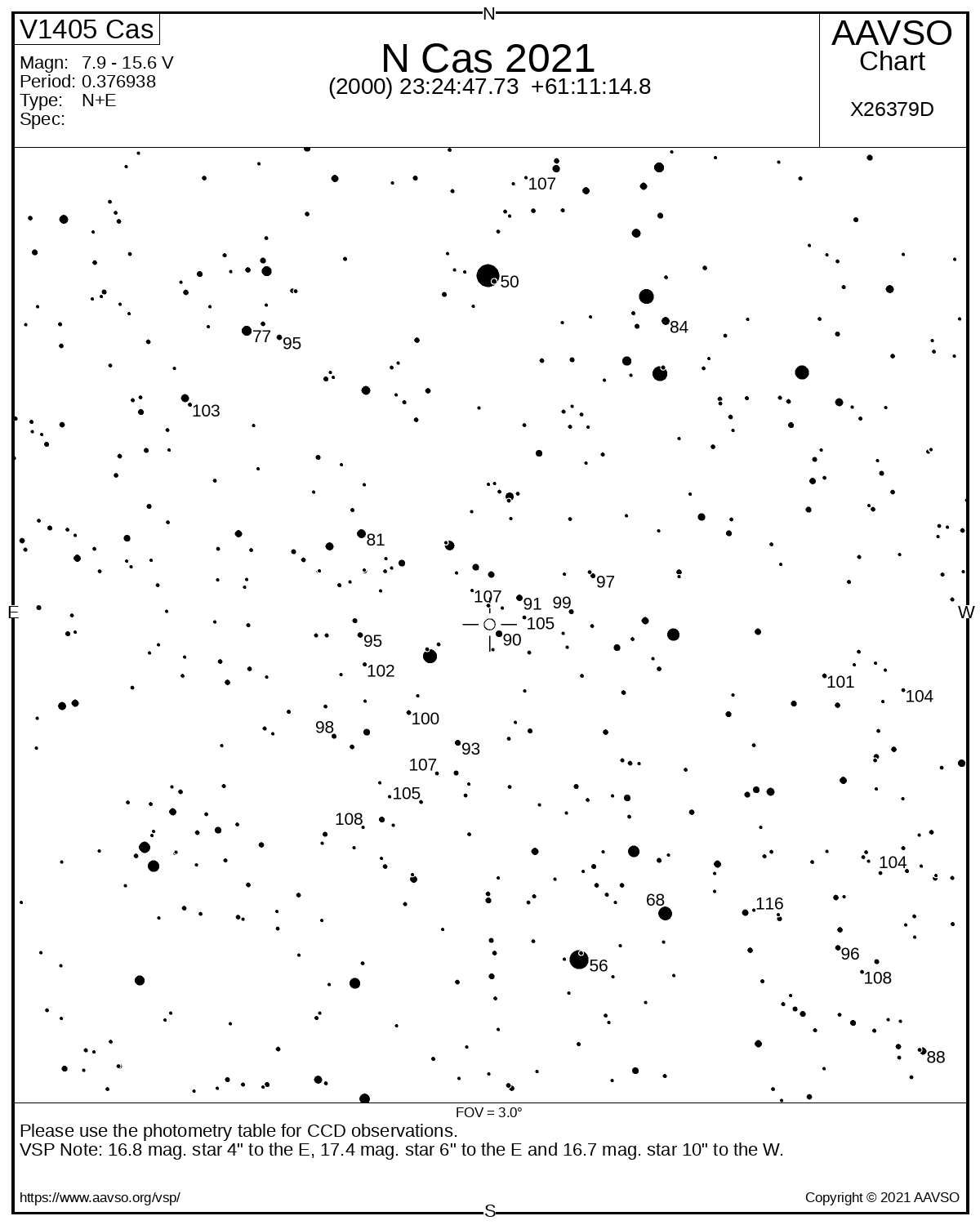 Mapka AAVSO o polu widzenia 3° okolicy nowej V1405 Cas. Gwiazda zmienna jest oznaczona otwartym kółkiem w centrum. U góry widać jasną gwiazdę 4 Cas (jasność 5.0m). Źródło AAVSO