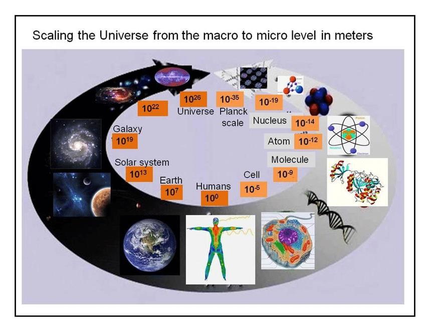 System biologiczny pojedynczej komórki jest o 10^30 rzędów wielkości większy niż skala Plancka i o 10^30 rzędów wielkości mniejszy niż obserwowalny Wszechświat. Można powiedzieć, że znajduje się w równej „odległości” między tymi dwoma granicami. Źródło: Publikacja Zespołu.
