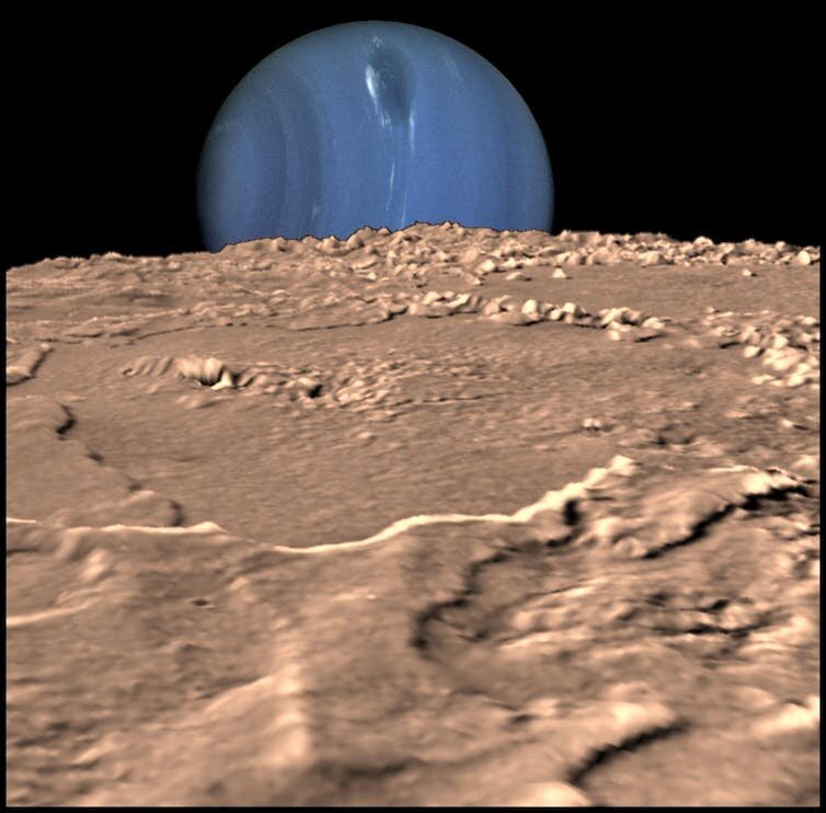 Wygenerowany komputerowo obraz Neptuna widzianego z powierzchni Trytona. Powstał on z wykorzystaniem zdjęć Voyagera 2. Źródło: JPL
