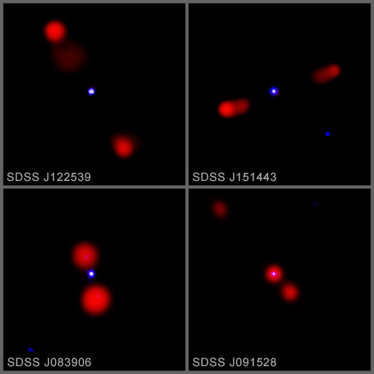 Cztery kwazary dżetowe z próbki, obserwowane w promieniowaniu X (Chandra, kolor niebieski) oraz na falach radiowych (sieć VLA, kolor czerwony). 