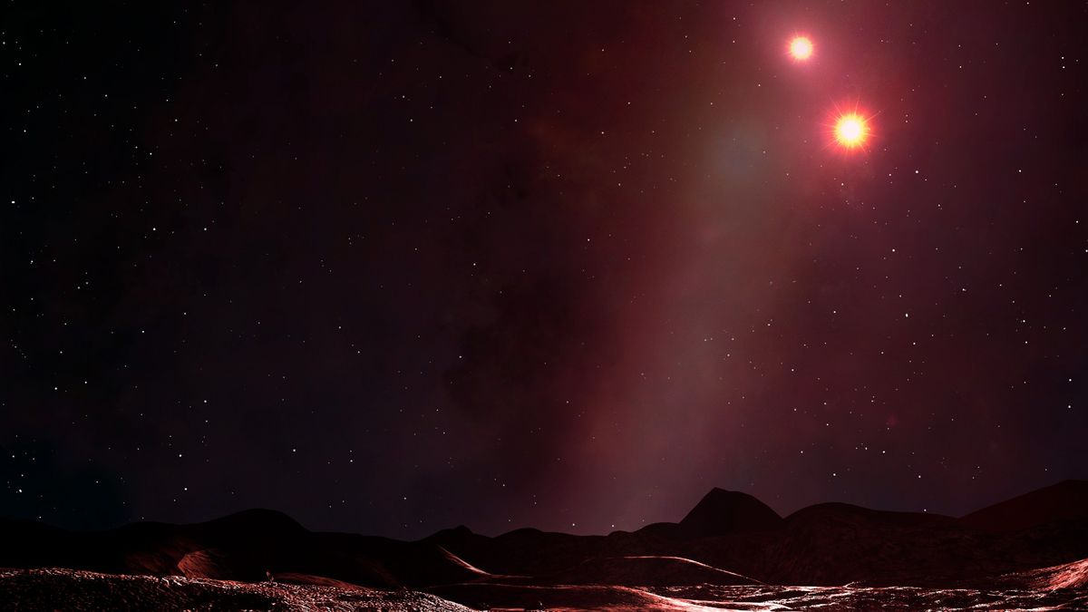 Ilustracja planety podwójnej, świata orbitującego wokół nie jednej, a dwóch gwiazd, okrążającego ich środek masy. (Mark Garlick/Science Photo Library/Getty Images)