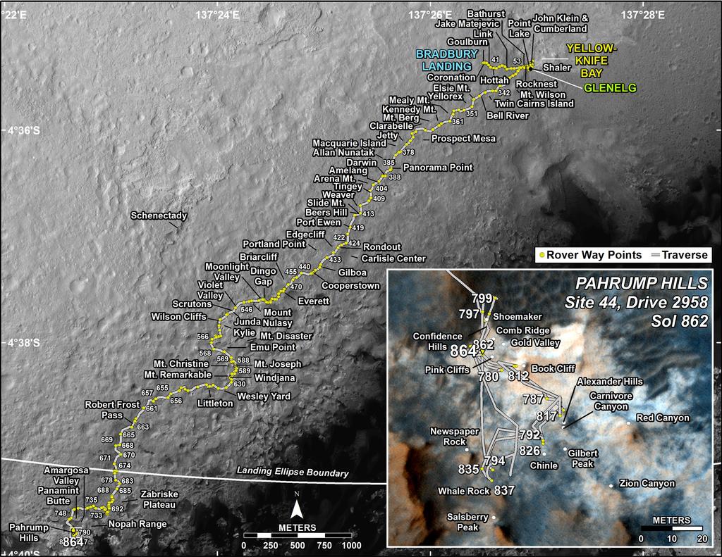 Trasa pokonana przez łazik Curiosity. Ponumerowane punkty na mapie oznaczają położenie łazika w danym dniu marsjańskim. Źródło: NASA/JPL-Caltech/Univ. of Arizona