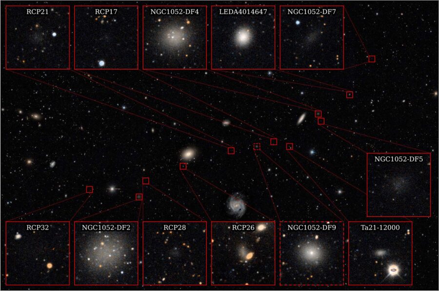 Schemat przeglądowy regionu NGC 1052, wyróżniający 11 galaktyk tworzących “sznur” galaktycznych pereł, które mogły powstać w wyniku pojedynczej kolizji sprzed miliardów lat. Zaznaczona jest tu również DF9: galaktyka, która wydaje się także należeć do sznura, ale nie była częścią badanej próbki. Źródło: P. van Dokkum / Yale University.
