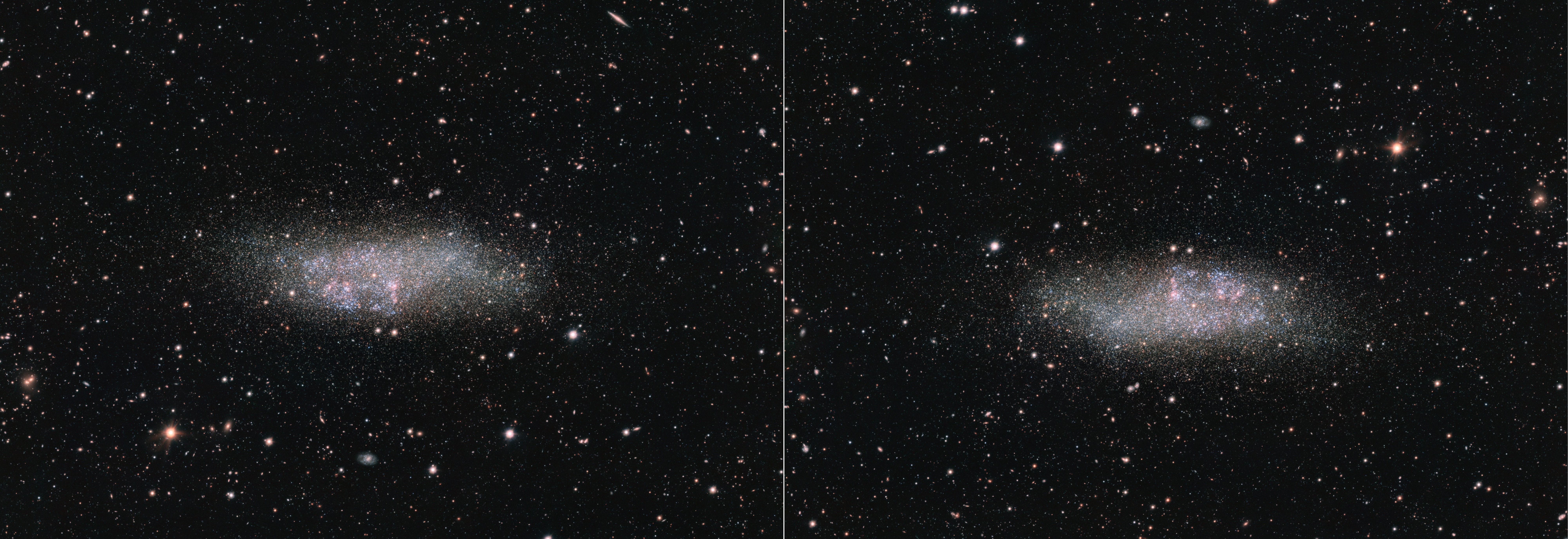Zdjęcie samotnej galaktyki Wolf-Lundmark-Melotte (w skrócie WLM) uzyskane za pomocą teleskopu VLT (ang. Very Large Telescope) w Obserwatorium Paranal, Chile. Oryginalne zdjęcie ESO (po lewej) zostało odwrócone o 180° (zdjęcie po prawej, tutaj: północ–po lewej, wschód–na dole), aby być zgodnym położeniem kadru na zdjęciu wykonanym przez Kosmiczny Teleskop Jamesa Webba. WLM jest członkiem Lokalnej Grupy Galaktyk, ale znajduje się na jej obrzeżach w odosobnionym miejscu ~3 miliony l.św. od nas. Dlatego przypuszcza się, że mogła nigdy nie oddziaływać z innymi galaktykami w naszej grupie lub w ogóle w historii Wszechświata. Źródło: ESO