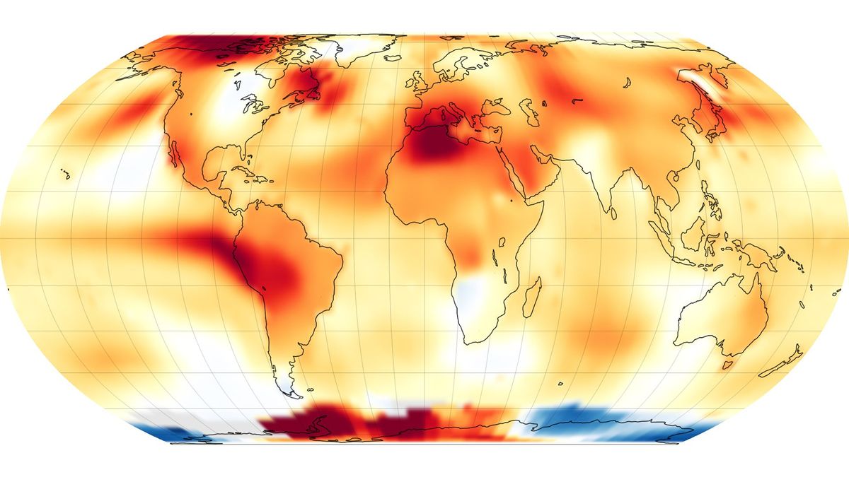 Mapa świata z globalnymi temperaturami w lipcu 2023 r. (NASA)