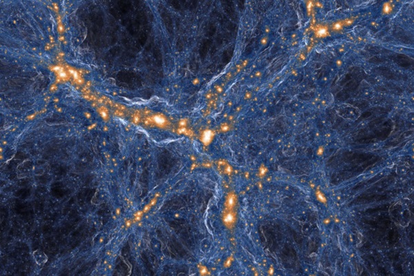 Symulacja rozkładu galaktyk (kolor pomarańczowy) i gazu (niebieski) we Wszechświecie