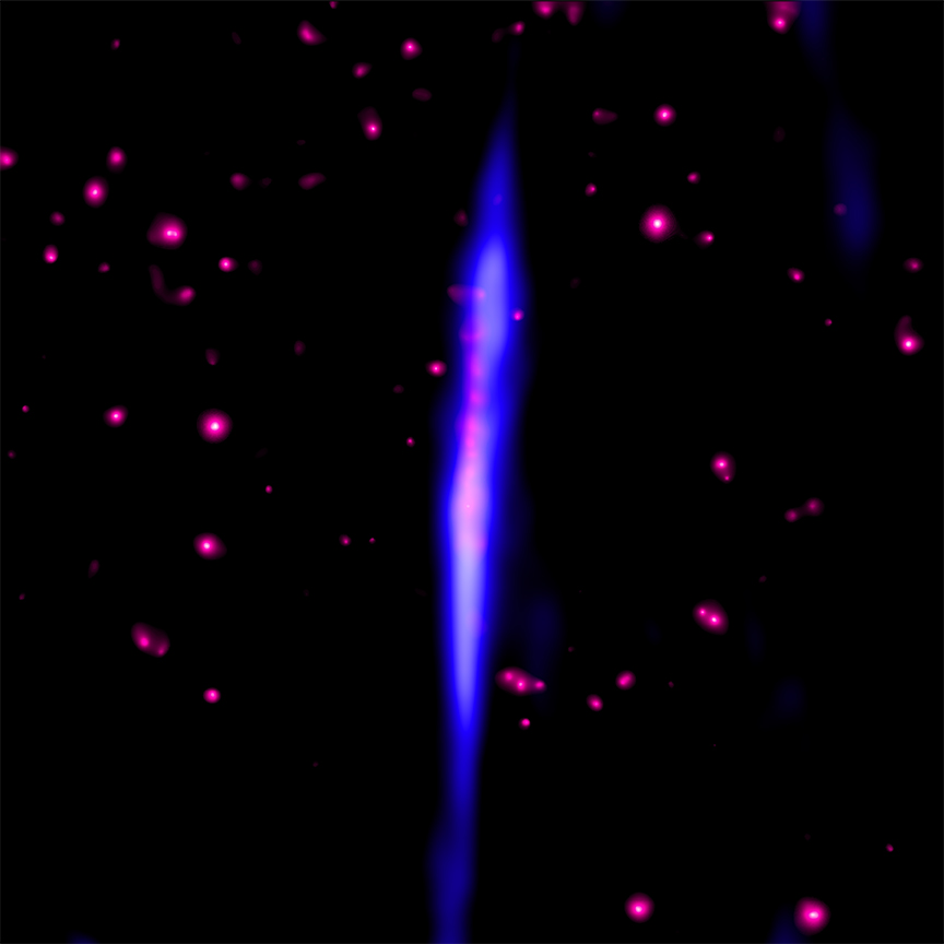 Obraz kosmicznej nitki G0.17-0.41 (~ 20x0.2 l.św.) w zakresie rentgenowskim (kolor różowy) i radiowym (kolor niebieski). Najprawdopodobniej następuje tutaj wyzwalanie się energii i silne nagrzewanie plazmy w wyniku anihilacji pola magnetycznego (patrz: zjawisko rekoneksji magnetycznej). Źródło X-ray: NASA/CXC/UMass/Q.D. Wang; Radio: NRF/SARAO/MeerKAT