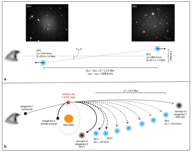 Schemat wyjaśniający, jak DF2, DF4 i inne potencjalnie ubogie w ciemną materię galaktyki powstały w pojedynczym zdarzeniu około 8 miliardów lat temu. Zapadająca się, bogata w gaz galaktyka na swobodnej orbicie (progenitor 1) zderza się z galaktyką satelitarną NGC 1052 (progenitor 2), pozostawiając dwie ciemne pozostałości (prawdopodobnie RCP 32 i DF7), galaktyki DF2 i DF4, oraz trzy do siedmiu innych galaktyk pozbawionych ciemnej materii. Źródło: P. van Dokkum / Yale University.