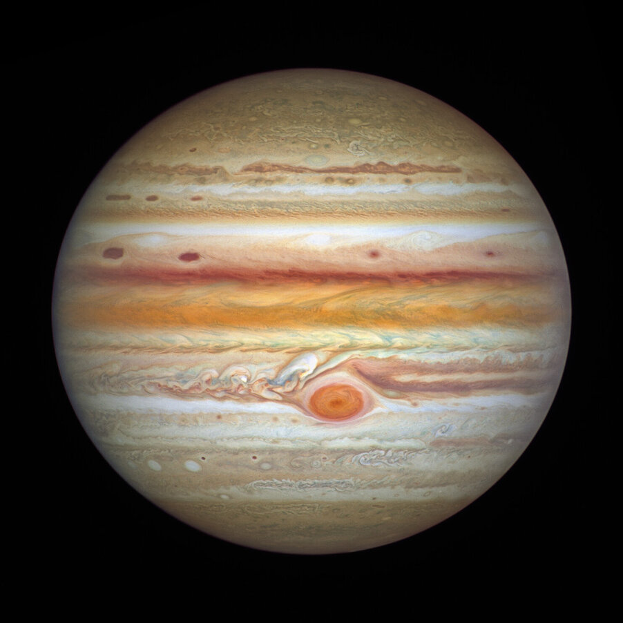 Jowisz sfotografowany 4 września 202 roku przez Teleskop Hubble'a w ramach programu OPAL. Źródło: NASA, ESA, A. Simon (Goddard Space Flight Center), M.H. Wong (University of California, Berkeley), OPAL team