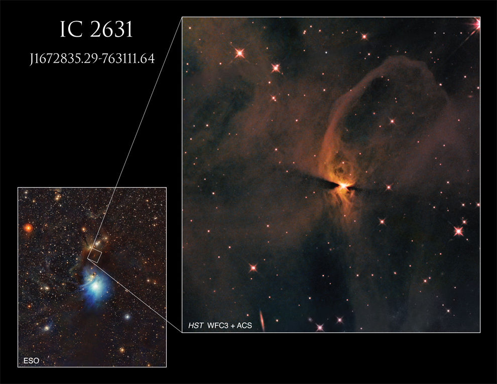 Zdjęcie wykonane Kosmicznym Teleskopem Hubble'a przedstawia protogwiazdę oznaczoną jako J1672835.29-763111.64 (w skrócie J1672) w mgławicy refleksyjnej IC 2631. Źródło: NASA, ESA, T. Megeath (University of Toledo), K. Stapelfeldt (Jet Propulsion Laboratory), and ESO; Processing: Gladys Kober (NASA/Catholic University of America)
