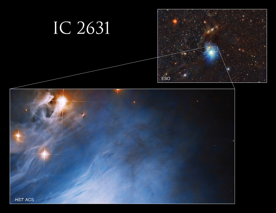 Zdjęcie małego fragmentu mgławicy refleksyjnej IC 2631 z przeglądu obserwacyjnego realizowanego za pomocą Kosmicznego Teleskopu Hubble'a, którego celem jest poszukiwanie dysków wokół rodzących się gwiazd. Mgławica jest oświetlana przez rodzącą się gwiazdę HD 97300 (obiekt typu Herbig Ae/Be), ale nie widać jej na zdjęciu wykonanym z kosmosu (HST ACS) – znajduje się poniżej dolnej linii kadru. Źródło: NASA, ESA, K. Stapelfeldt (Jet Propulsion Laboratory), and ESO; Processing; Gladys Kober (NASA/Catholic University of America)