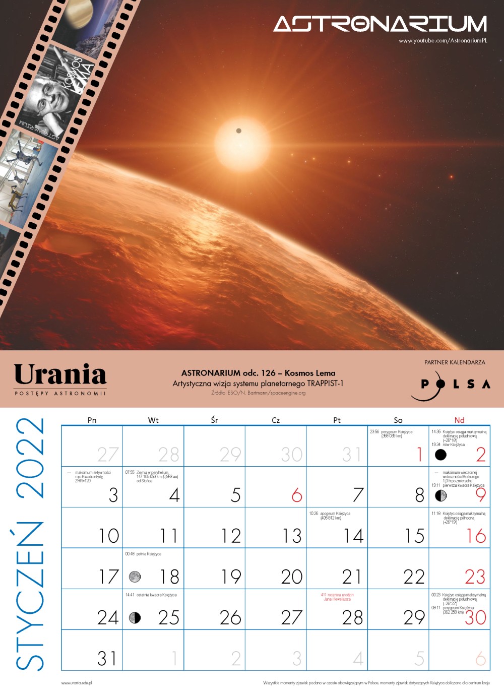 Kalendarz astronomiczny na rok 2022 - karta na styczeń
