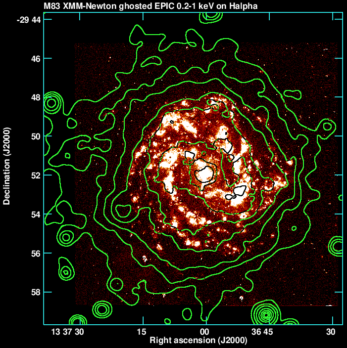 Obraz M83 w filtrze Halfa, z konturami miękkiego promieniowania rentgenowskiego. Źródło: publikacja zespołu.