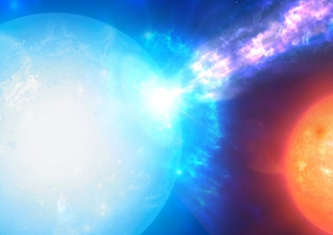 Na ilustracji: Zbliżenie na mikronową. Układ dwóch gwiazd, z białym karłem (na pierwszym planie) i gwiazdą towarzyszącą (w tle). Biały karzeł podbiera materiał swojej towarzyszce, a następnie jest on kierowany w stronę jego biegunów magnetycznych. Ten materiał, opadając na gorącą powierzchnię białego karła, wywołuje mikrowybuch zlokalizowany na jednym z biegunów gwiazdy. Źródło: ESO